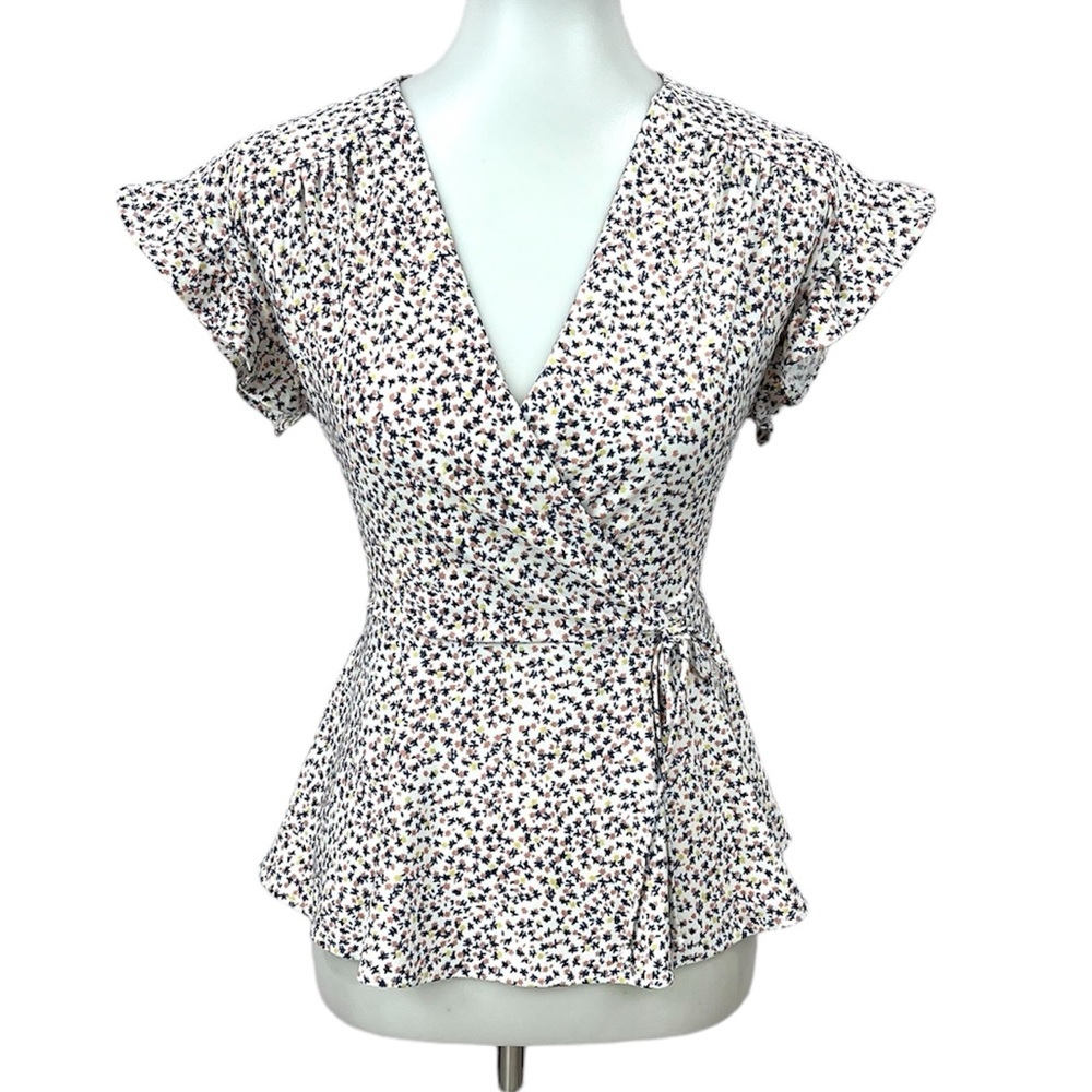 Modcloth Monteau Ditsy Floral Surplice Wrap Peplum Blouse